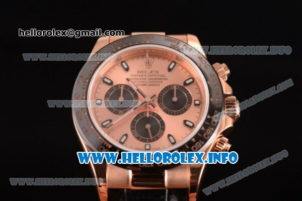 Rolex Daytona Chronograph Swiss Valjoux 7750 Automatic Rose Gold Case with Rose Gold Dial Stick Markers and Black Leather Strap (JF) - Click Image to Close